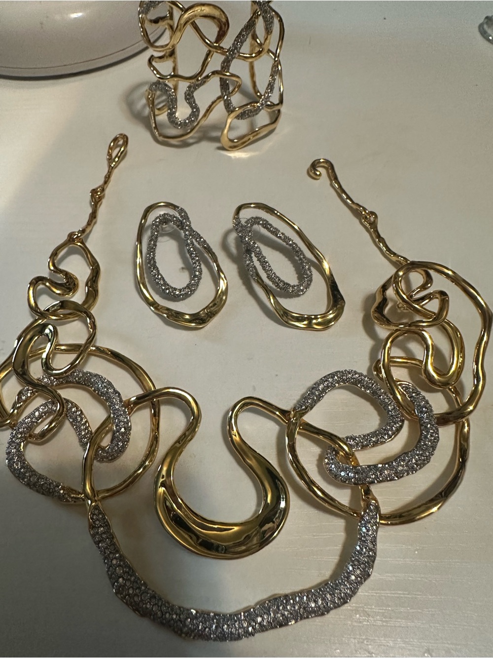 Alexis Bittar Gold and Silver Linked Sculptural Necklace with Matching Earrings